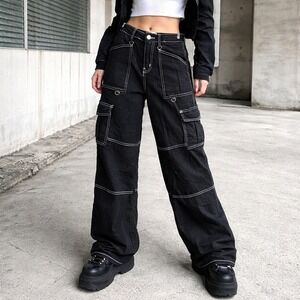 Rachel Paige Black Contrast Stitch Wide Leg Cargo Pants Womens S Y2K Grunge alt
